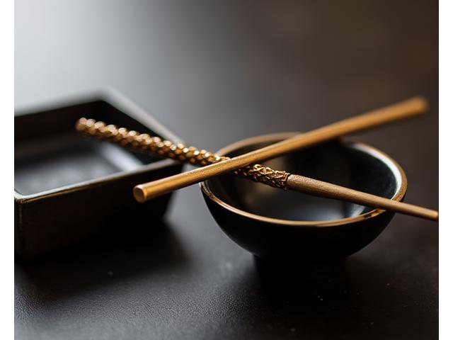 特注の金属製箸と漆器
