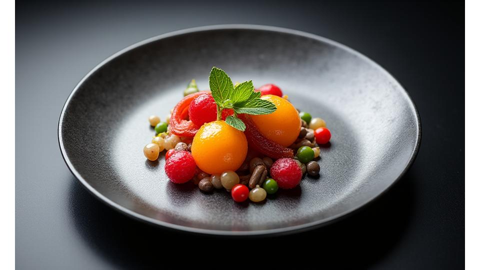 チタン製の皿に盛り付けられた芸術的な料理、モダンなプレゼンテーション