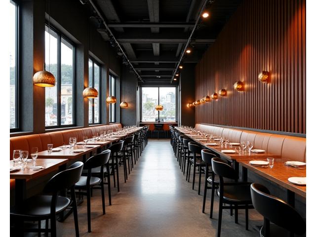 Shukudai Bistroのモダンで工業的なダイニングルーム内装、スチールと銅のアクセント